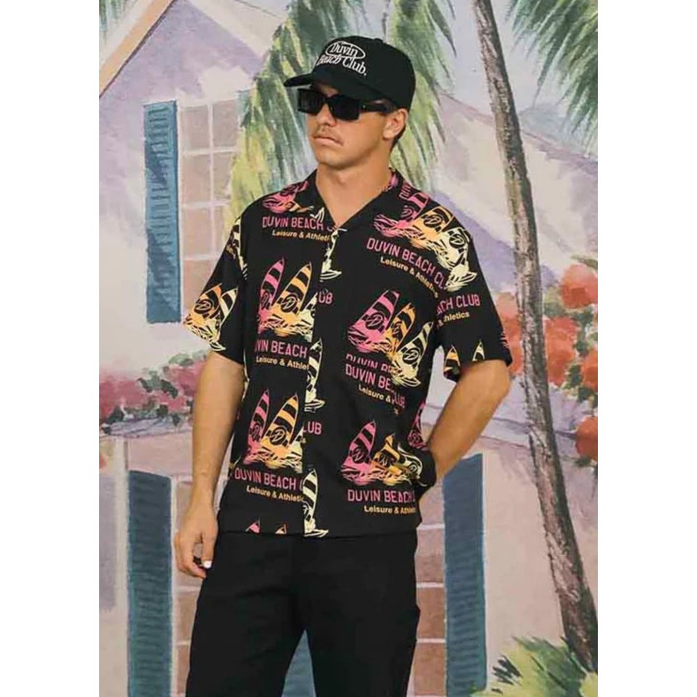 Duvin Tailwinds Beach Club Print Short Sleeve Button Up Shirt Men's Large NWOT‎